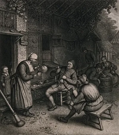 Peasants sitting, smoking, outside an inn as the hostess pours a glass of ale