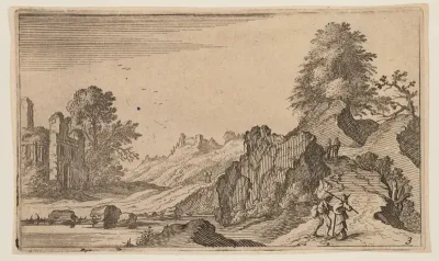 Pedestrians on a Path by Rocks, Ruins beyond Water at Left, from Twelve Landscapes