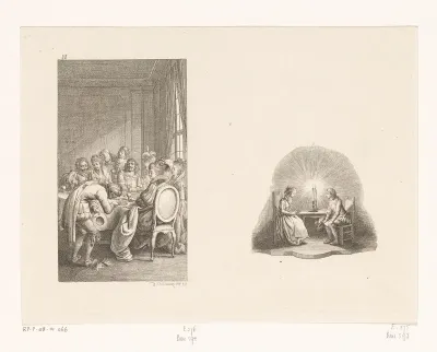 Pedro de Moya biedt Arsenie zijn manuscript aan en een vignet met Gil Blas en Aurora