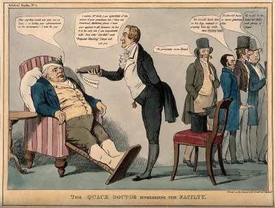 Peel about to force-feed a large tablet to John Bull in an apothecaries shop; representing England at the hands of the politicians