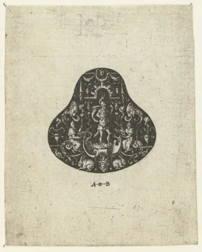 Peervormig ornament met grotesken