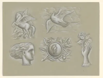 Pegasus, duif, vrouwenhoofd, wapen en hand met roos