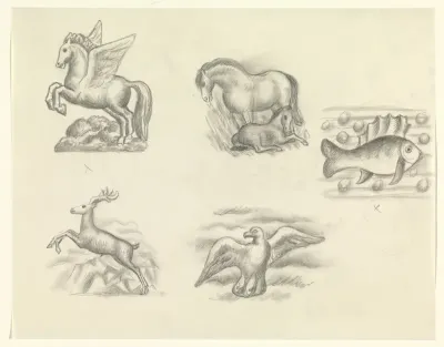 Pegasus, paard met veulen, vis, hert en een meeuw