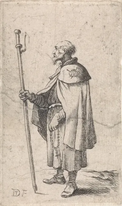 Pelgrim met gebedssnoer en staf