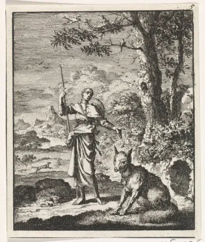 Pelgrim wijzend op een vos