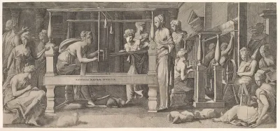 Penelope standing in the centre by a large weaving table amongst her women spinning and weaving