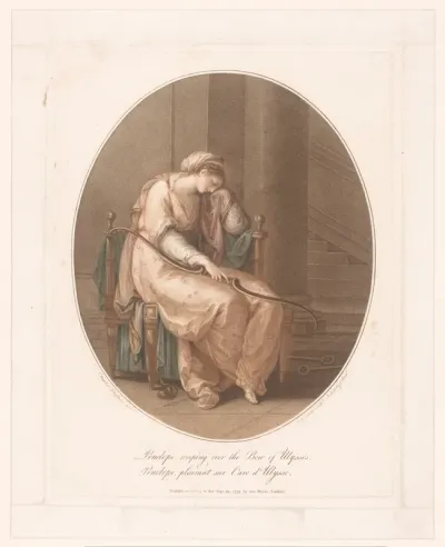 Penelope wenend met de boog van Odysseus in haar hand