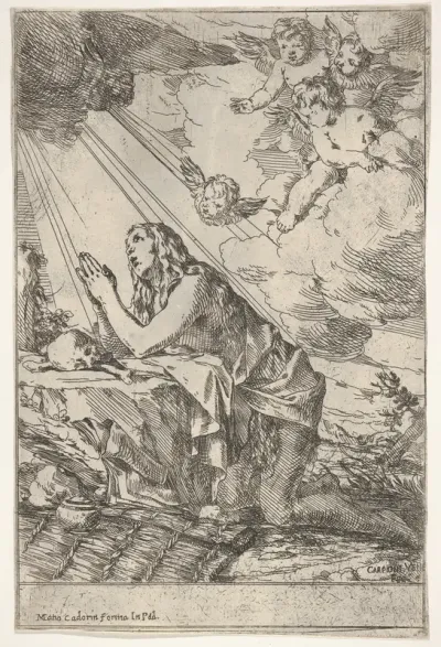 Penitent Magdalen kneeling on a rocky ground before a skull and bones, an ointment jar lies in the left foreground, rays of light and winged putti descend from above
