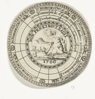Penning met een embleem en de namen van de hertogen van Savoye
