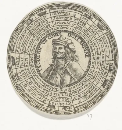 Penning met het portret van Dirk VII en de namen van de graven van Holland