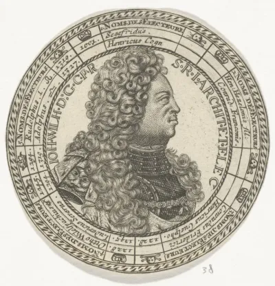 Penning met het portret van Johan Willem en de namen van de keurvorsten van de Palts