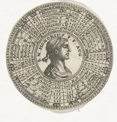 Penning met het portret van keizer Honorius en de namen van Romeinse keizers