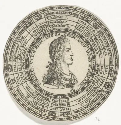 Penning met het portret van keizer Karel VI en de namen van de Boheemse koningen