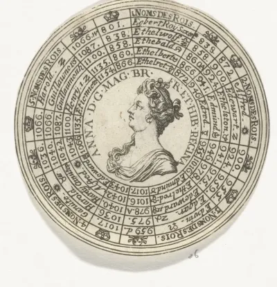 Penning met het portret van koningin Anna Stuart en de namen van Engelse koningen