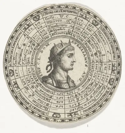 Penning met het portret van Marcus Aurelius en de namen van Romeinse keizers