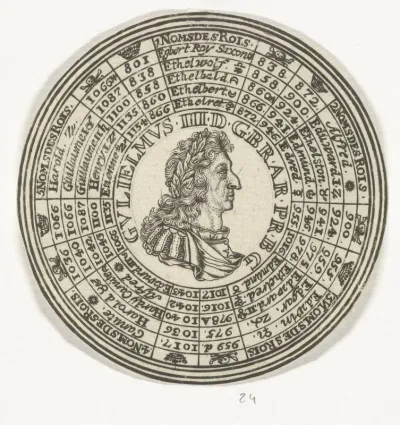 Penning met het portret van Willem III en de namen van Engelse koningen