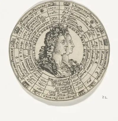Penning met het portret van Willem III en Maria Stuart en de namen van de prinsen van het huis Oranje-Nassau.