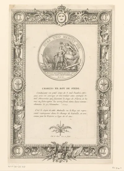 Penning ter ere van Karel XII van Zweden met versierde lijst