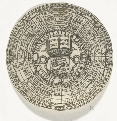 Penning van de Universiteit van Franeker, met de namen van de hoogleraren en het wapen van de universiteit