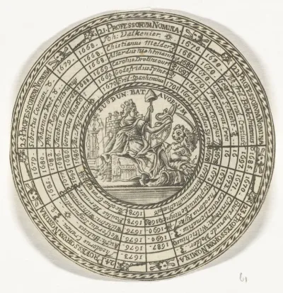 Penning van de Universiteit van Leiden, met de namen van de hoogleraren en de Leidse stedenmaagd