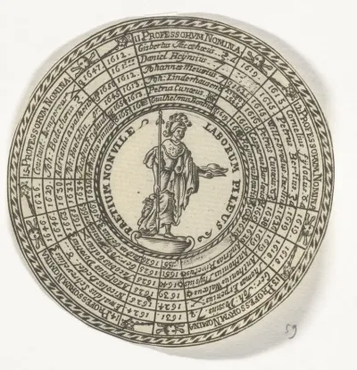 Penning van de Universiteit van Leiden, met de namen van de hoogleraren en Minerva