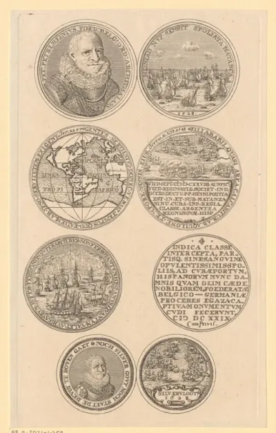 Penningen met portretten van Piet Hein, de zilvervloot en een kaart van Amerika