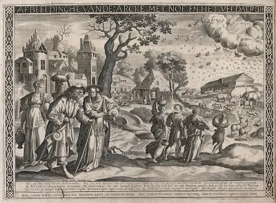 People and animals entering Noah's ark, transposed into a 16th century Dutch landscape