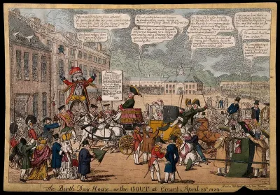 People and carriages converging on Buckingham House - being met by a fire-breathing monster; representing the King's cancellation of the 'Drawing Room' because of contracting gout