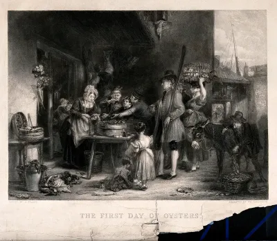 People are crowded around a table on which there is a large dish of oysters, a waterman with an oar looks on, and a boy is emptying more oysters out of a donkey's panniers