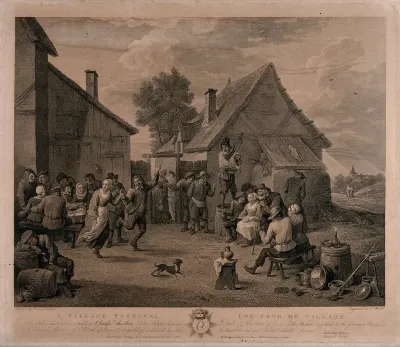 People are dancing to the music of the bagpipes and eating and drinking in the streets of the village