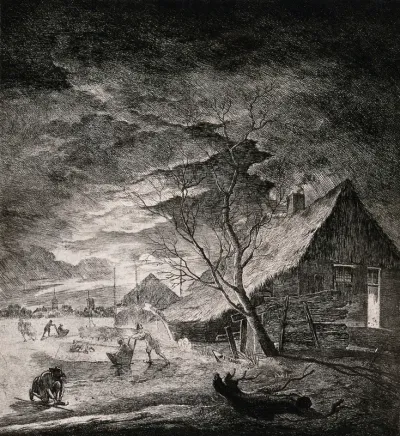 People are skating on a frozen village pond, two are being pushed in sledges, and one person has fallen over on the ice
