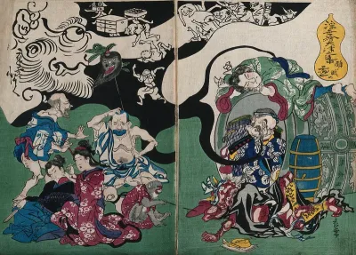 People bewitched (?) by a tengu (Japanese mountain demon) Colour woodcut attributed to Kyōsai, 187-(?)