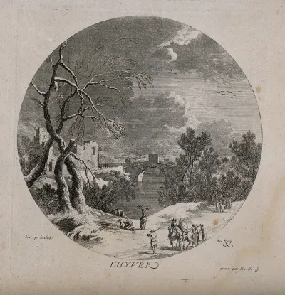 People collecting wood in the snow; representing winter