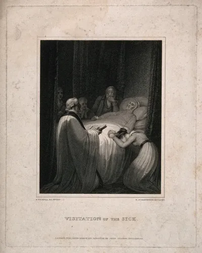 People crowd around a dying person's bed in grief while final rites are being read