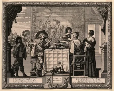 People eating and drinking before a tapestry; representing the sense of taste