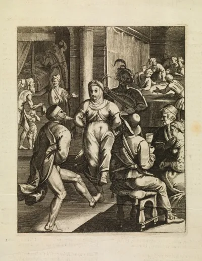 People engaged in pleasures (dancing, drinking, gaming, flirting) to counteract the pains of illness and old age