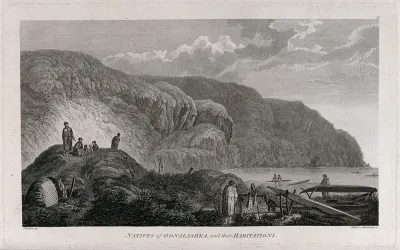 People from Unalaska, Alaska, and one of their huts, with canoes and fishing equipment; encountered by Captain Cook on his third voyage (1777-1780)