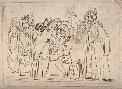 People gather around a surgeon (Baron de Wenzel) performing an eye operation