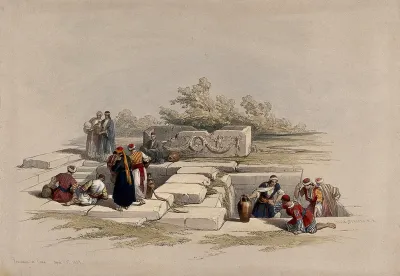 People gathering water at the fountain at Cana, Israel