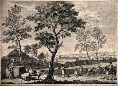 People harvesting a field of corn: one of the harvesters appeals to a mounted overseer, who disregards his plea and indicates the work
