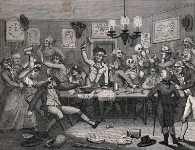 People in a boxing club having a fist-fight: the chairman in the middle holds up a gavel, and a woman hits a man over the head with a tankard
