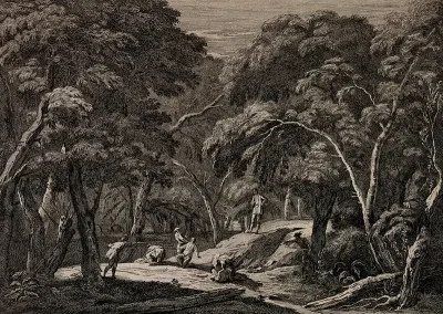 People in a forest being attacked by robbers with guns and swords