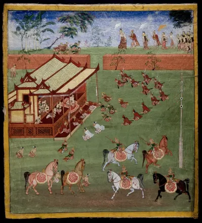 People kneeling in front of a high ranking person sitting inside a building, while below, others shoot arrows to a target post