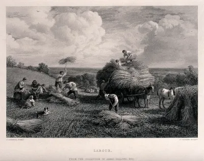 People loading corn on to a horse-drawn cart at harvest-time