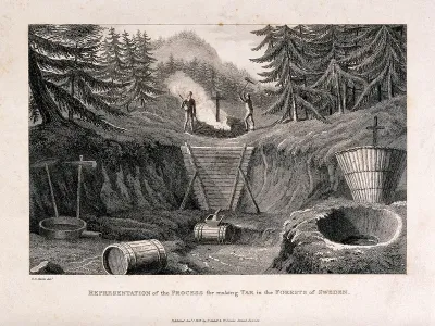 People making tar in the forests of Sweden
