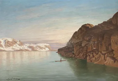People of Greenland entering a bird cliff.