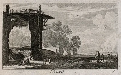 People outdoors in April near a large ruined castle, riding, driving livestock, and preparing to launder clothes; representing April