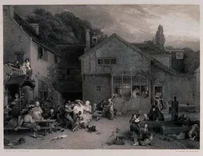 People outside their cottages celebrating a festival with food and drink