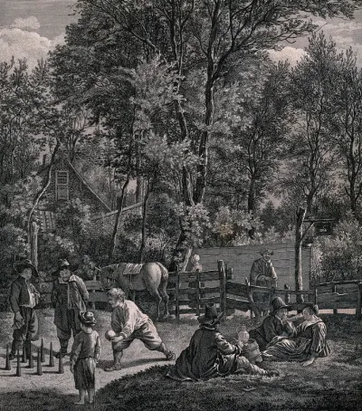 People playing a game of skittles (bowling) in the garden of an inn, as others sit on the grass drinking, smoking and chatting