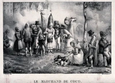 People purchasing drinks from a cocoa vendor as others sit resting under a tree in fog